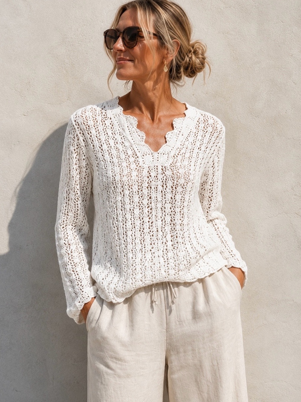 Northern Reflections White Open Knit Crochet Sweater L Cotton Boho